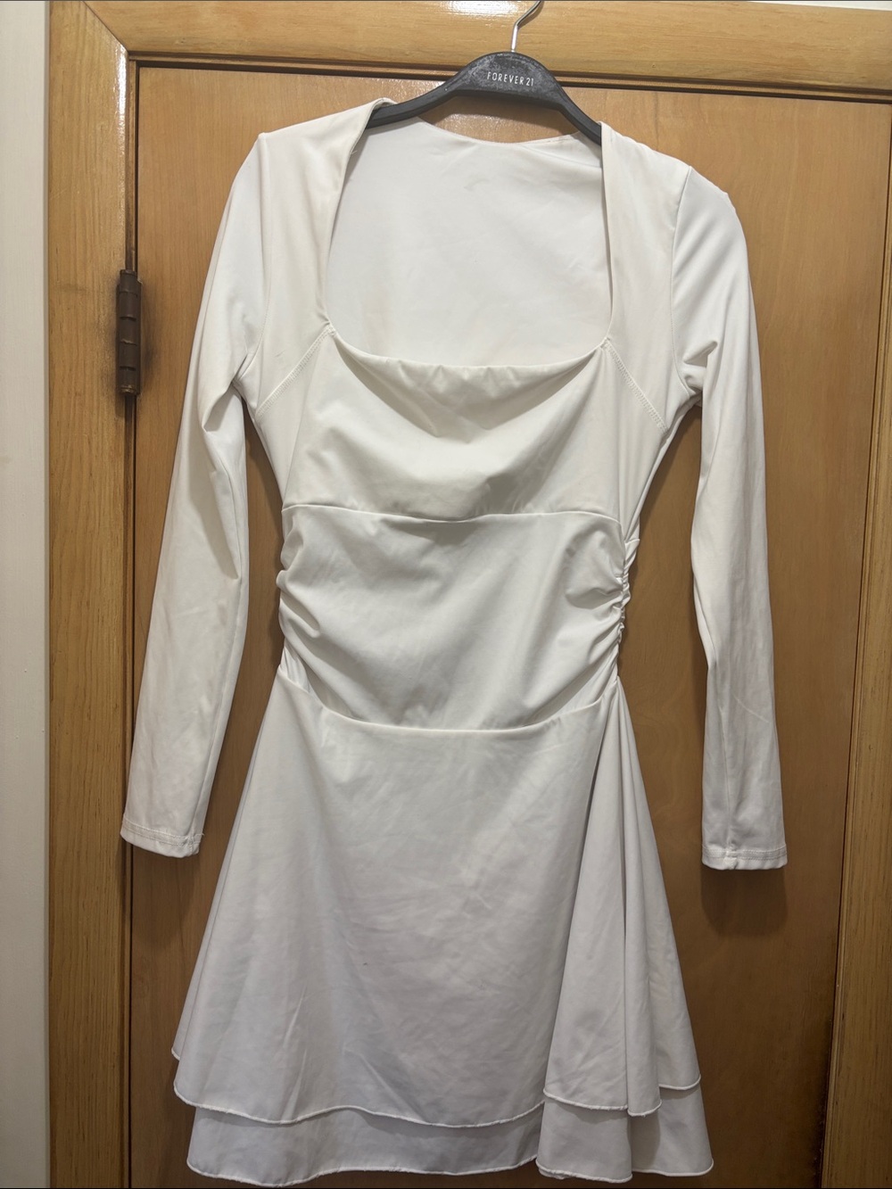 White Long-Sleeve Scoop Neck A-Line Dress